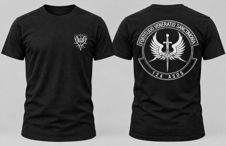 124 ASOS T-shirt, front crest and back insignia
